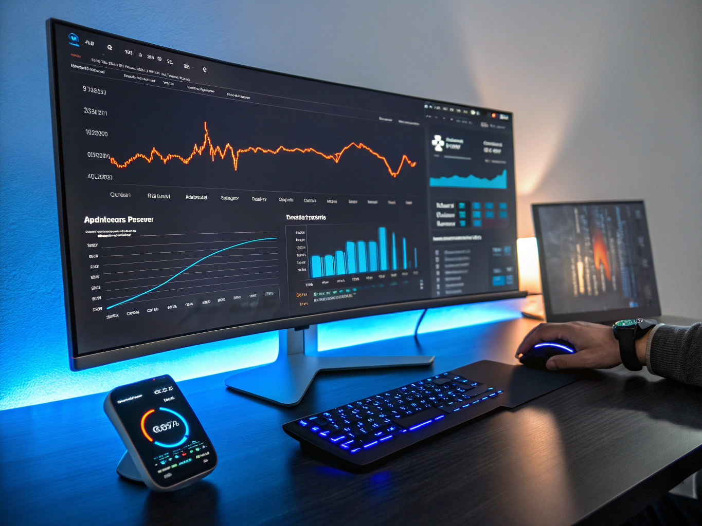Análisis de datos en pantalla digital con gráficos de mercado